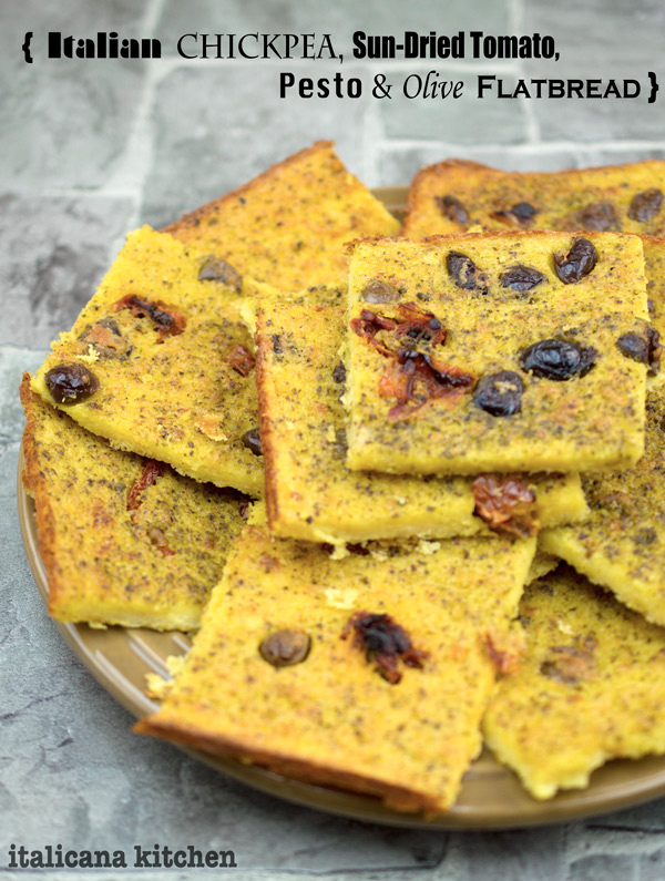 Italian chickpea, sun-dried tomato, pesto and olive flatbread