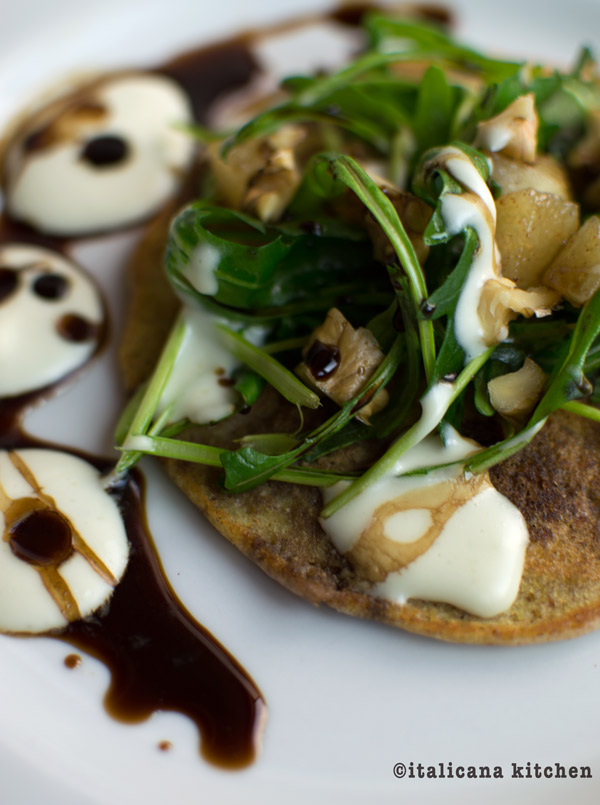 Pancakes-with-Arugula-Gorgonzola-Pears-and-Walnuts