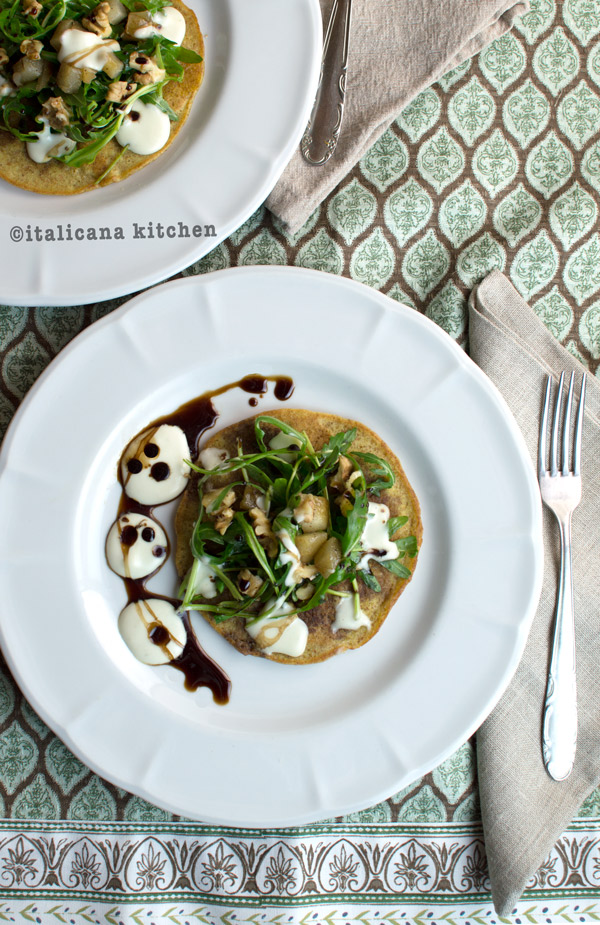 Pancakes-with-Arugula-Gorgonzola-Pears-and-Walnuts