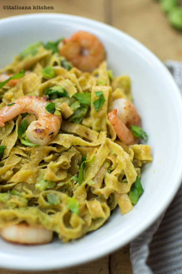 Farro Tagliolini with Shrimp and Fava Bean Pesto