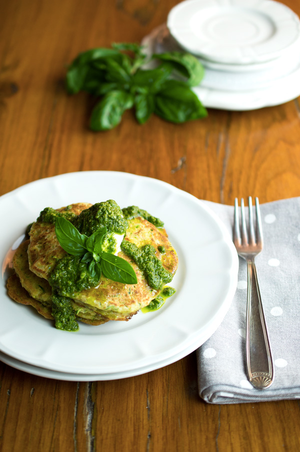 Zucchini pancakes with basil pesto