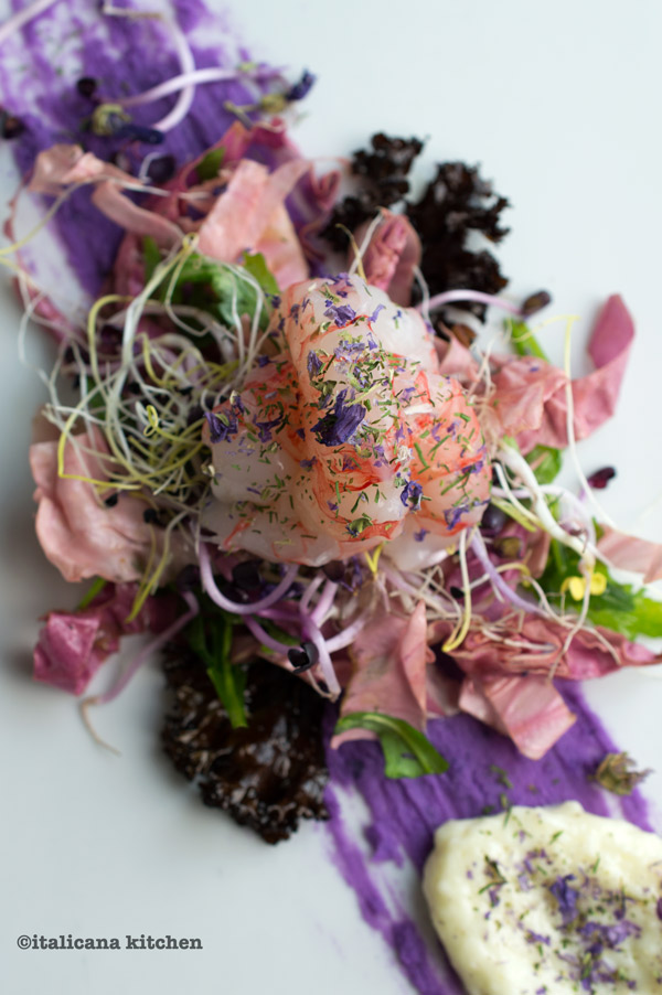 Purple-Potato-Pure-with-Red-Shrimp-Salad