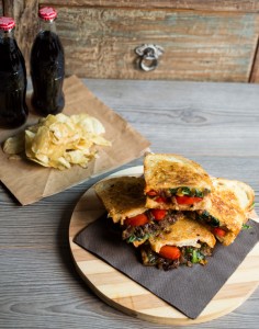 Delicious swiss chard and caramelized balsamic onion grilled cheese sandwich.