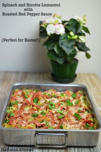 Spinach-and-Ricotta-Lumaconi-with-Roasted-Red-Pepper-Sauce
