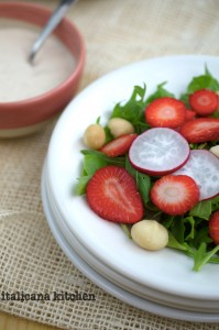 Arugula Salad with Strawberries, Red Radishes, Macadamia Nuts and a Creamy Gorgonzola Dressing