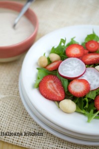 Arugula Salad with Strawberries, Red Radishes, Macadamia Nuts and a Creamy Gorgonzola Dressing
