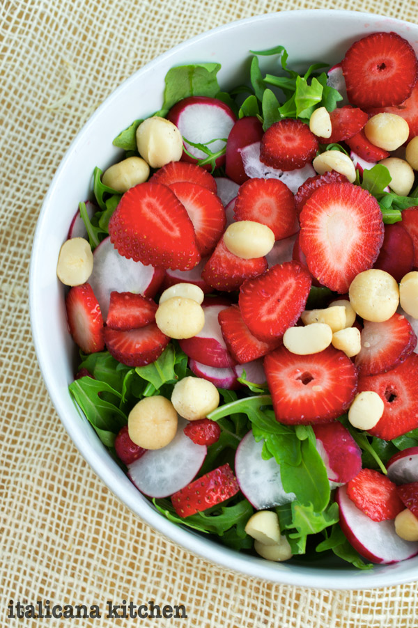 Arugula Salad with Strawberries, Red Radishes, Macadamia Nuts and a Creamy Gorgonzola Dressing