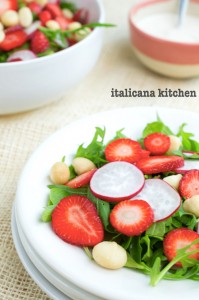Arugula Salad with Strawberries, Red Radishes, Macadamia Nuts and a Creamy Gorgonzola Dressing