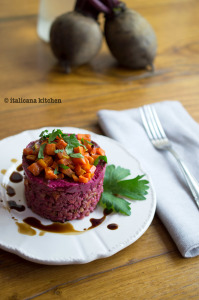 Farro Salad with Beet Sauce and Roasted Carrots
