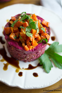 Farro Salad with Beet Sauce and Roasted Carrots