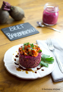 Farro Salad with Beet Sauce and Roasted Carrots