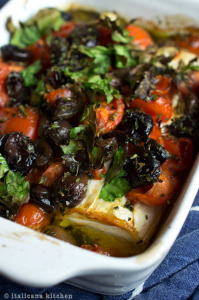 Baked Goat Cheese with Tomatoes and Olives