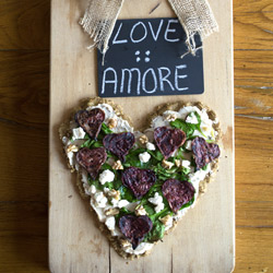 Quinoa Flatbread with Roasted Beet Hearts, Spinach and Goat Cheese