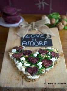 Quinoa Flatbread with Roasted Beet Hearts, Spinach and Goat Cheese