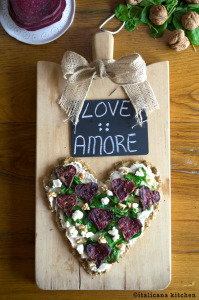 Quinoa Flatbread with Roasted Beet Hearts, Spinach and Goat Cheese