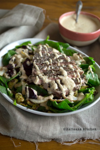 Spinach Salad with Chia Crusted Tuna and Roasted Winter Vegetables 