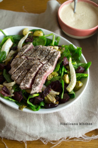 Spinach Salad with Chia Crusted Tuna and Roasted Winter Vegetables 