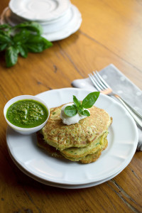 Zucchini pancakes with basil pesto