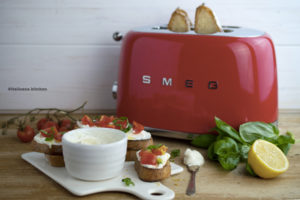 Bruschetta-with-Whipped-Feta,-Tomato,-Basil-and-Lemon-Zest