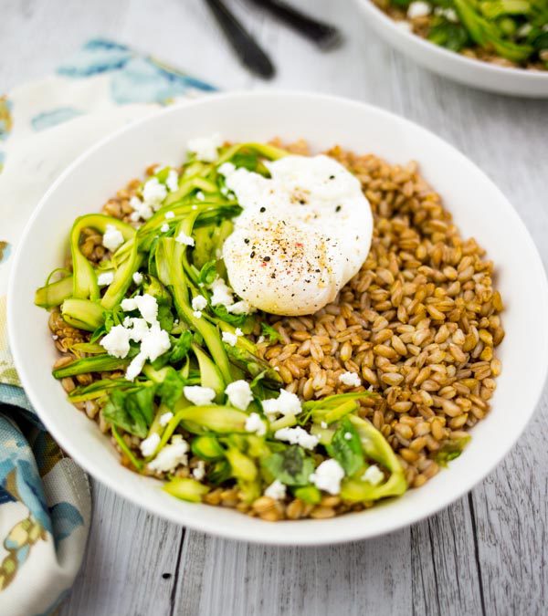 Farro with Poached Eggs, Shaved Asparagus and Feta